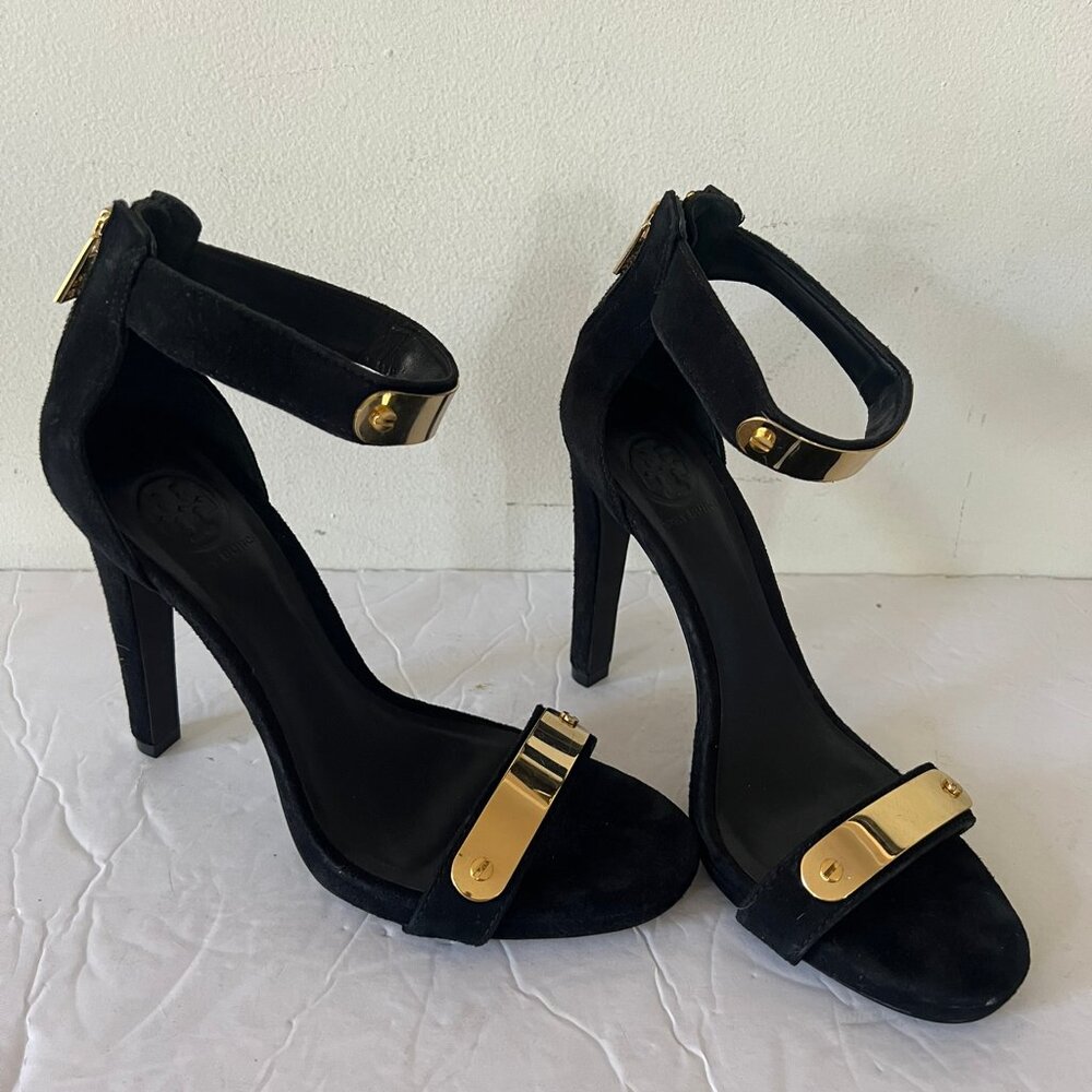 $398 TORY BURCH SISSY GOLD AND BLACK SUEDE HIGH HEEL SHOES SIZE 9.5 US